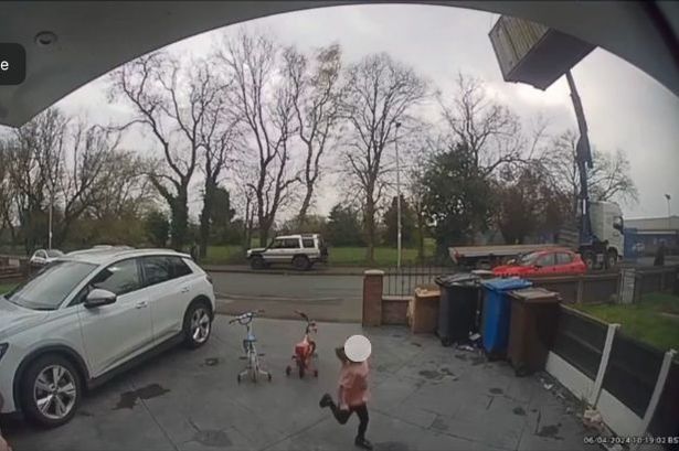 Doorbell footage shows little girl playing as falling crane slices through house