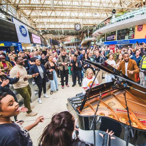 ABBA ‘Waterloo’ flash mob choir performance at London Waterloo station today for band’s 50th anniversary