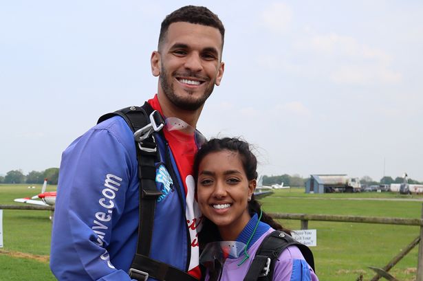 Love Island’s Kai Fagan and Sanam Harrinanan skydive to raise money for charity – after getting engaged