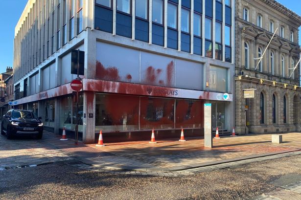 Preston Barclays bank smashed up and covered in red paint by pro-Palestine activists