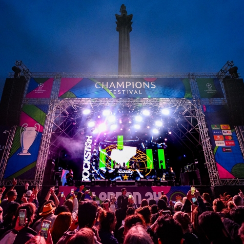 Rudimental light up Trafalgar Square to kick off UEFA Champions League final weekend