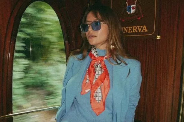 Emma Louise Connolly’s powder blue M&S suit is the perfect wedding guest outfit