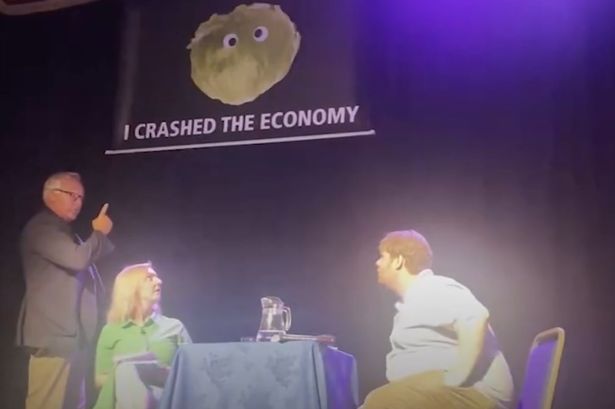 Liz Truss storms off stage and fumes ‘that’s not funny’ after lettuce banner prank