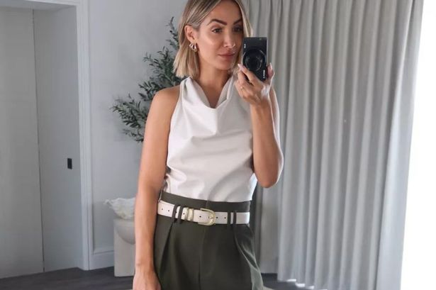 Frankie Bridge wears chic River Island wide-leg trousers in autumn’s trending khaki hue