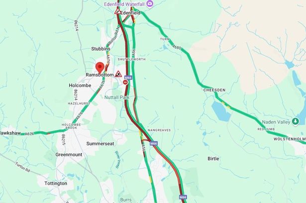 Live updates as lane closed and traffic queues on A56 and M66