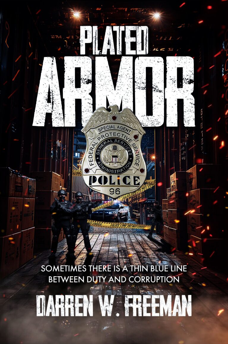 Cover of the thriller book "Plated Armor," featuring intricate illustrations of medieval armor and weaponry