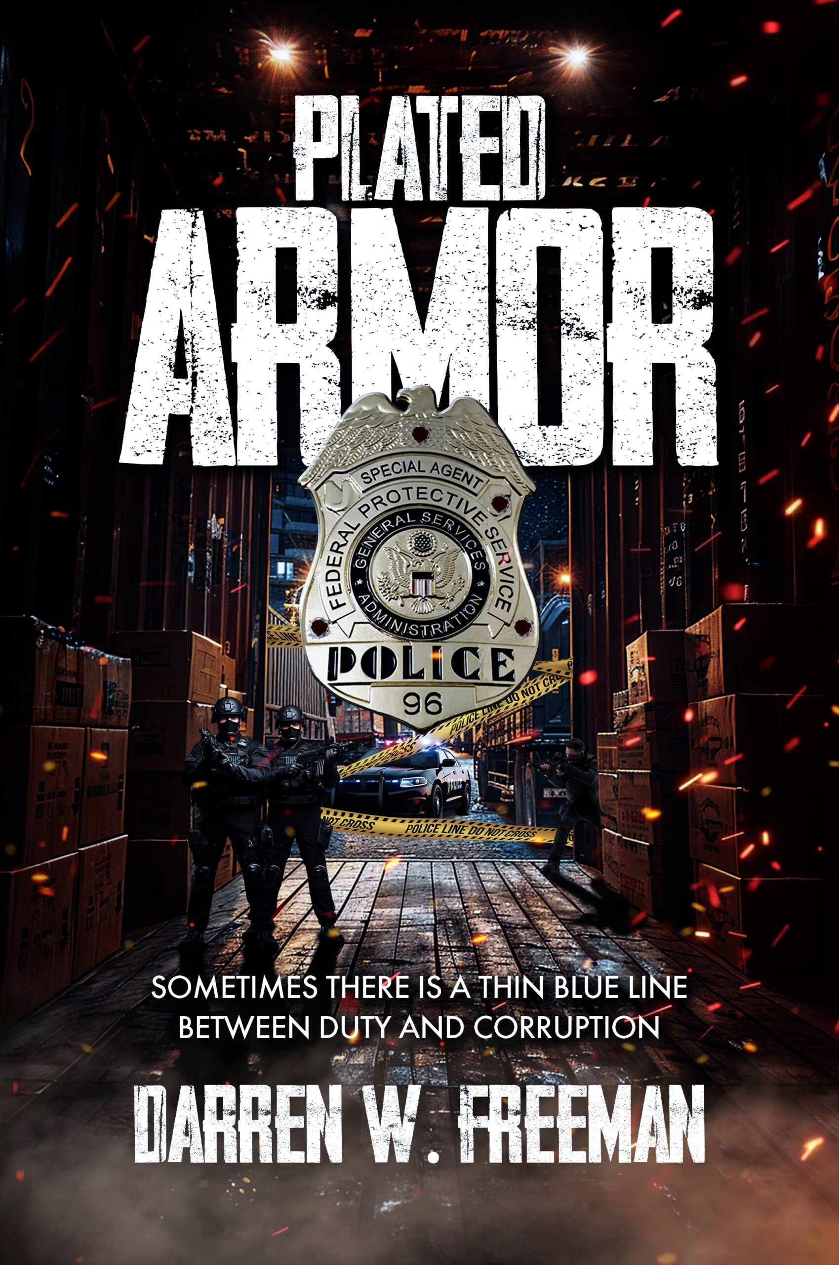 Cover of the thriller book "Plated Armor," featuring intricate illustrations of medieval armor and weaponry