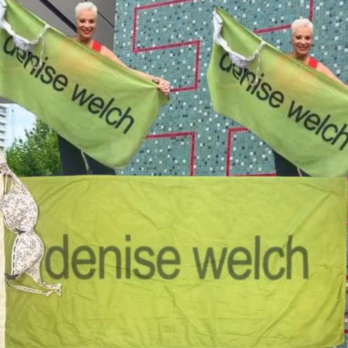 Denise Welch auctioning off Glastonbury Brat flag