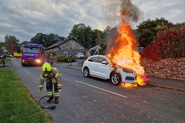 Dramatic moment car bursts into flames as ‘idiot’ drivers ‘force their way past’