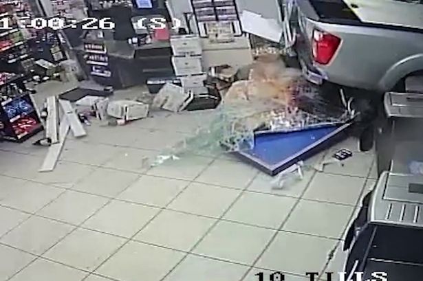 Dramatic moment thief rams Tesco Express with stolen truck before fleeing with £3k